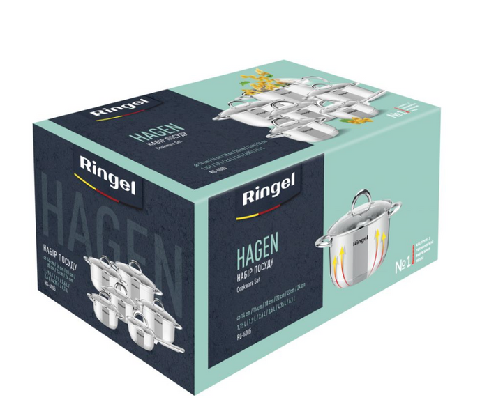 Набір каструль RINGEL Hagen 12 предметів, ківш кухонний, скляна кришка, каструля індукція RG-6005 фото