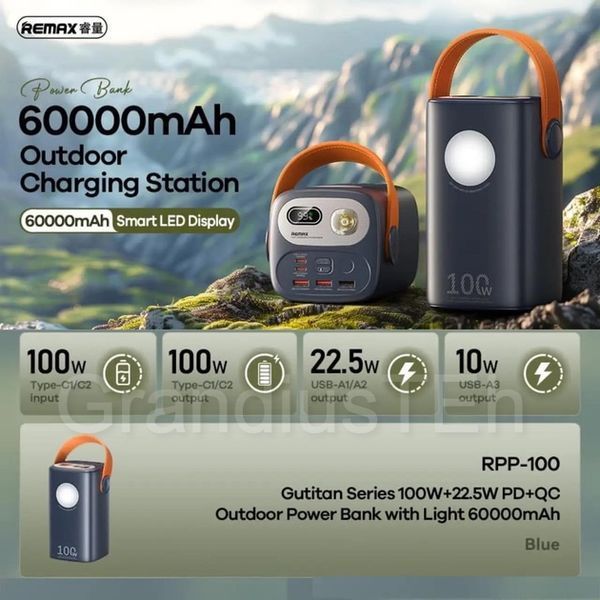 Power Bank Remax RPP-100 60000mAh 100W, потужний зовнішній акумулятор, павербанк, універсальний павербанк з ліхтариком RPP-100 фото