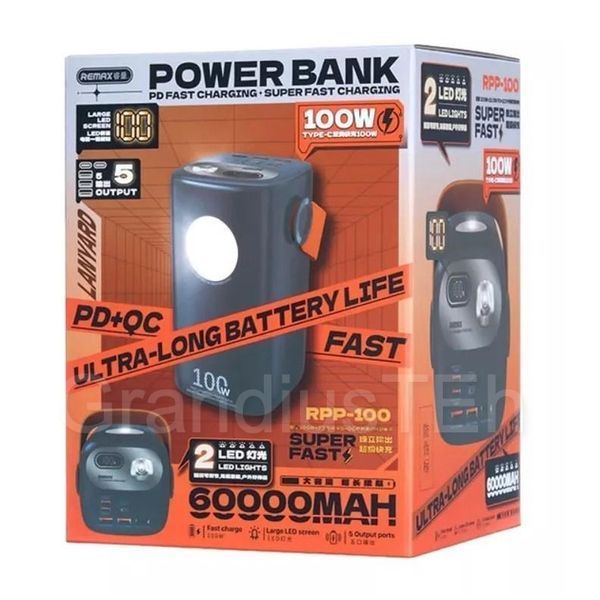 Power Bank Remax RPP-100 60000mAh 100W, потужний зовнішній акумулятор, павербанк, універсальний павербанк з ліхтариком RPP-100 фото