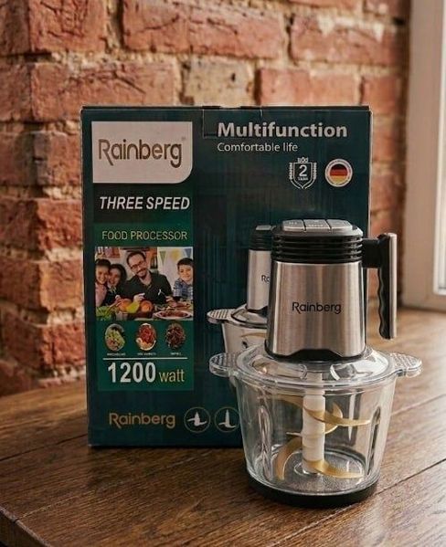 Блендер подрібнювач&nbsp;Rainberg, 1200 Вт, кухонний чоппер потужний, подрібнювач із двома чашами, подрібнювач скляна чаша RB-2339 фото